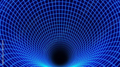 Background 3D with blue neon lines  black hole space bend concept  geometric distortion science design render illustration.