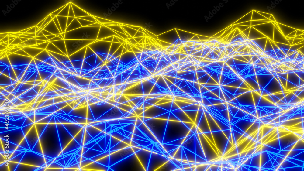 Abstract technology background with neon glowing lines on black, yellow blue striped sci fi 3D render background. Abstract technology background with neon glowing lines on black, yellow blue striped sci fi 3D render background.