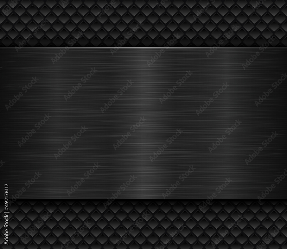 Black metallic background, brushed metal banner on perforated pattern back, 3D dark plate texture vector illustration.