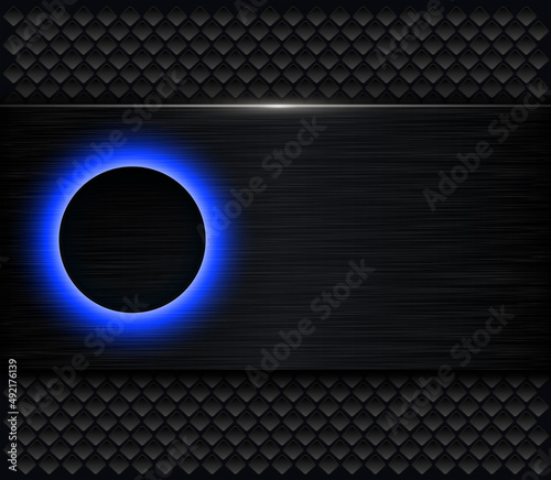 Black background with glowing blue button, dark brushed metal banner on perforated holes pattern, 3D texture vector illustration.