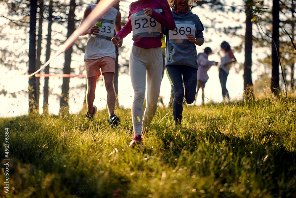 Fototapeta premium A group of athletes running the marathon through the forest. Nature, marathon, athletes