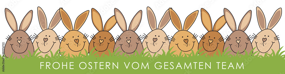 Gruppe von fröhlichen Osterhasen verstecken sich im Gras, frohe Ostern vom gesamten Team, Hand Zeichnung Hasengesichter Cartoons