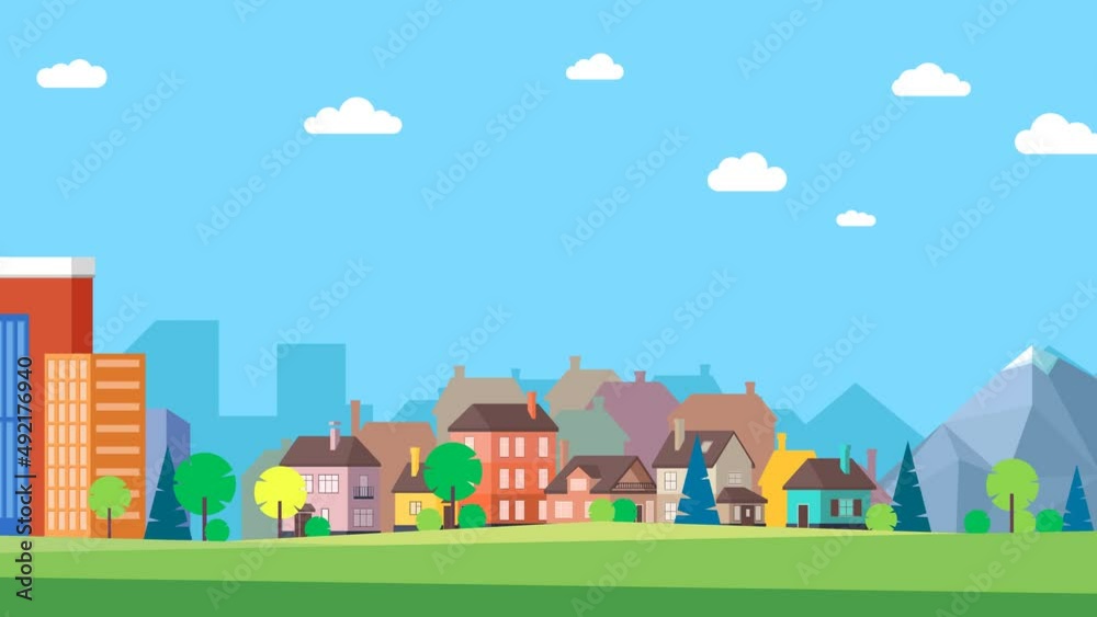 Panorama of a big city, a cozy village, and snow-capped mountains. Departure for the city. Weekend. Change of life environment. White clouds in the sky move smoothly. Vacation. 2d motion animation.