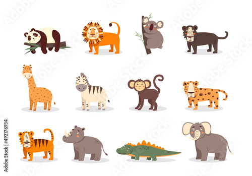 Fototapeta Naklejka Na Ścianę i Meble -  Wild animals set vector illustration isolated on white. Collection of cute cartoon animals: panda, koala, lion, panther, giraffe, zebra, monkey, leopard, tiger, hippo, rhinoceros, crocodile, elephant