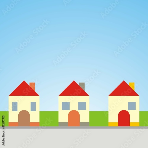 village, group of houses in a row, road, grass and sky, conceptual vector illustration
