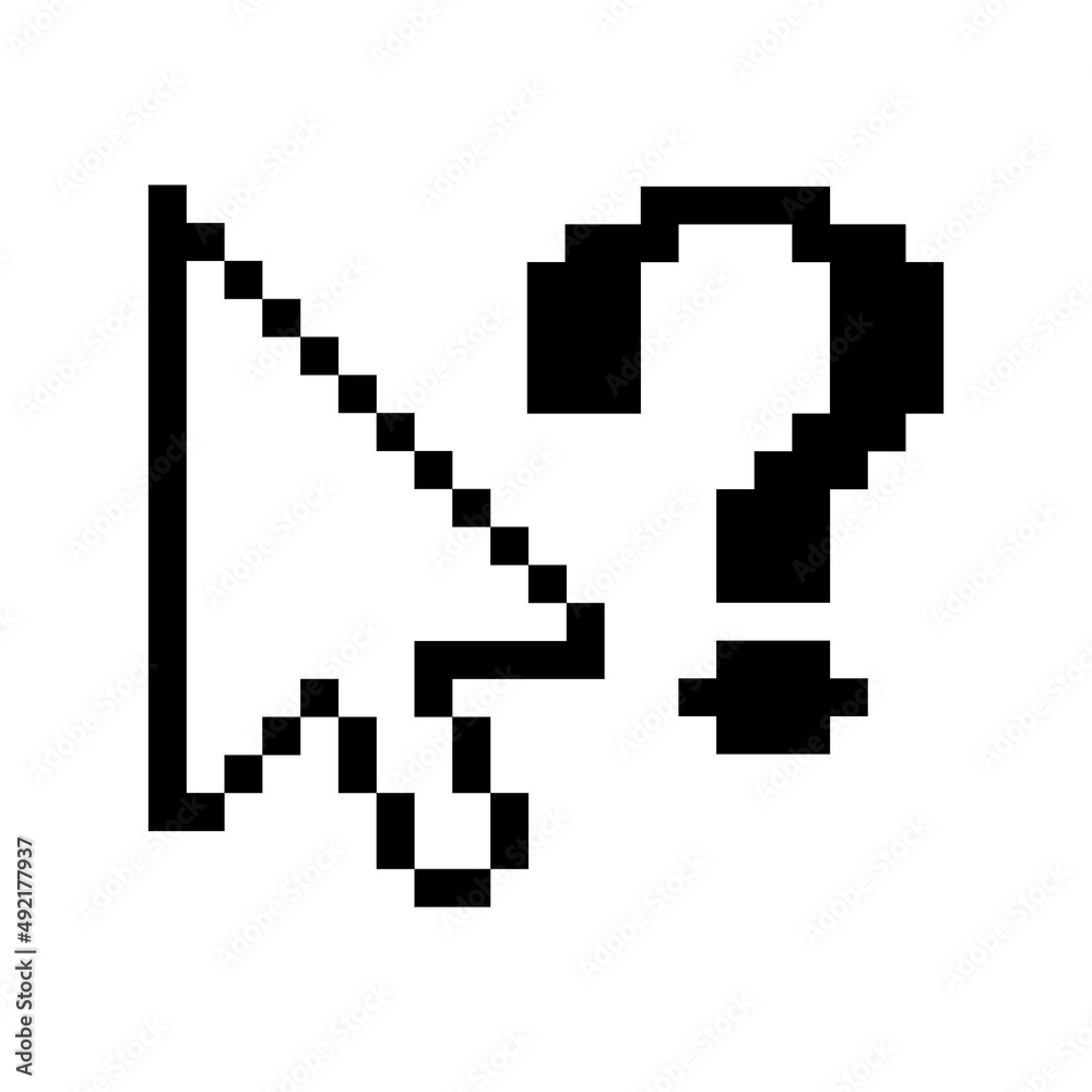 Question mark cursor icon. Pointer click icon. Pixel mouse click arrow symbol isolated on white background. Web interface button. Vector illustration of flat style design. Help function. Question mark cursor icon. Pointer click icon. Pixel mouse click arrow symbol isolated on white background. Web interface button. Vector illustration of flat style design. Help function.