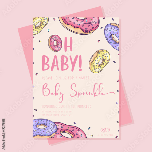 Baby shower donut invitation for girl. Sweet template in pastel pink.