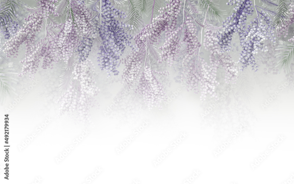 Fototapeta Photo wallpapers for the interior, wall decor. Tropical leaves and berries. Branches of grapes. Purple decor. Branches with berries.