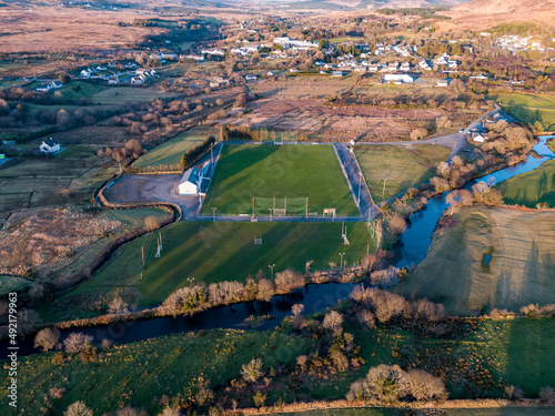 Aerial view of Glenties gaelic football pitch in County Donegal, Ireland