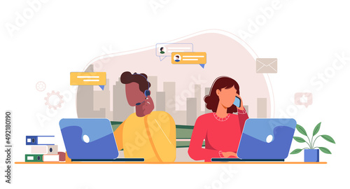 Customer service, call center, hotline flat vector illustration. Online global technical support 24 to 7. Hotline operator advises customer. Customer support department staff, telemarketing agents. photo