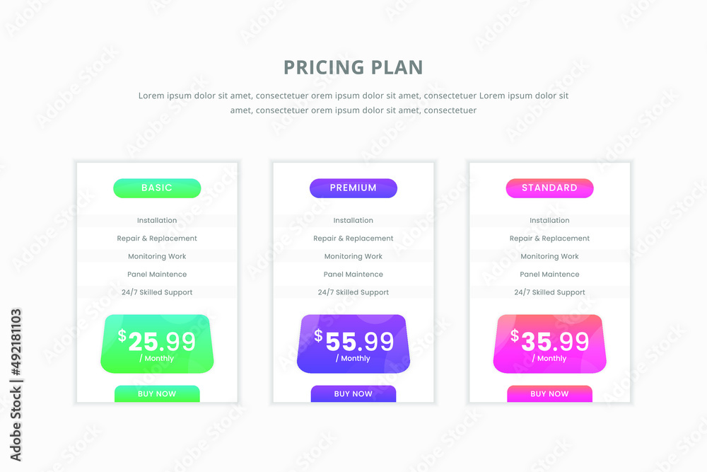 Price table concept in realistic vector design. Web ui element subscription price or plan. Website marketing or promotion interface template. Product comparison table. template presentation. web desig Price table concept in realistic vector design. Web ui element subscription price or plan. Website marketing or promotion interface template. Product comparison table. template presentation. web desig