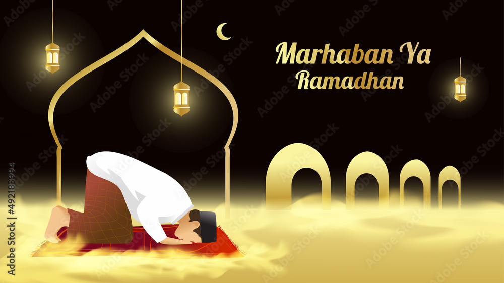 illustration of a Muslim prostrating against the background of a mosque ...