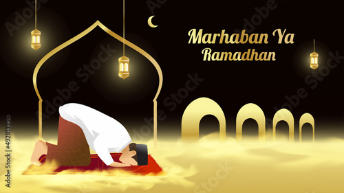 illustration of a Muslim prostrating against the background of a mosque and latern