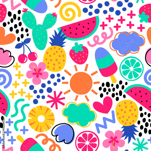Cute colorful hand drawn tropical fruit seamless pattern for summer holidays background.