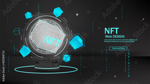 Concept of NFT ,non-fungible token with network vector on dark background. Vector illustration concept nft banner for website. Non-renewable token. Vector illustration.