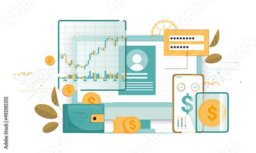Crypto currency concept. Cryptocurrency growth chart, mining and storage app banner. Crypto coins falling into wallet. Bitcoin exchange, blockchain technology, internet money. Flat vector illustration