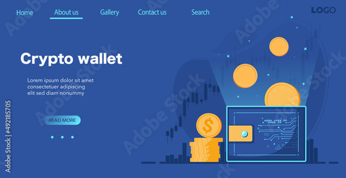 Crypto wallet concept banner, cryptocurrency storage app. Crypto coins falling into wallet. Bitcoin exchange, blockchain technology, cryptocurrency mining, internet money. Flat vector illustration.