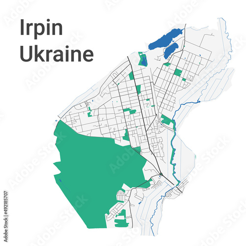Irpin vector map. Detailed map of Irpin city administrative area. Cityscape panorama illustration. Road map with highways, streets, rivers. photo