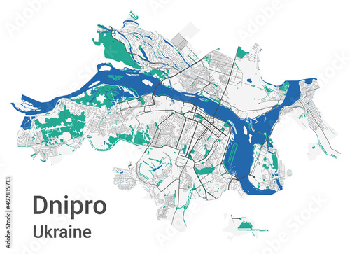 Dnipro vector map. Detailed map of Dnipro city administrative area. Cityscape panorama illustration. Road map with highways, streets, rivers. photo