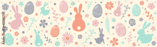 Design of Easter banner. Decorative eggs, bunnies and flowers on white background. Vector