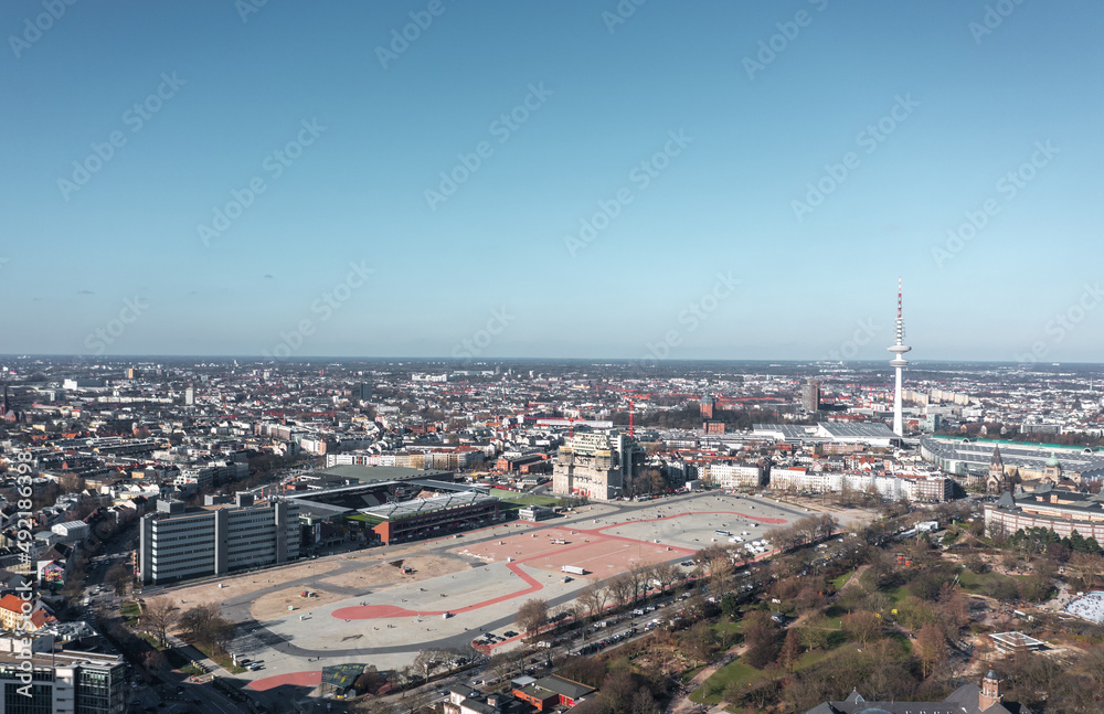 Aerial spring view over St. Pauli district and stadium in Hamburg, Germany