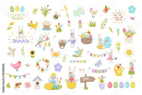 Easter spring set with cute animals, eggs, bunnies, chickens, birds and insects, blooming flowers. Collection of cute easter cartoon characters and spring decorative elements. Vector illustration