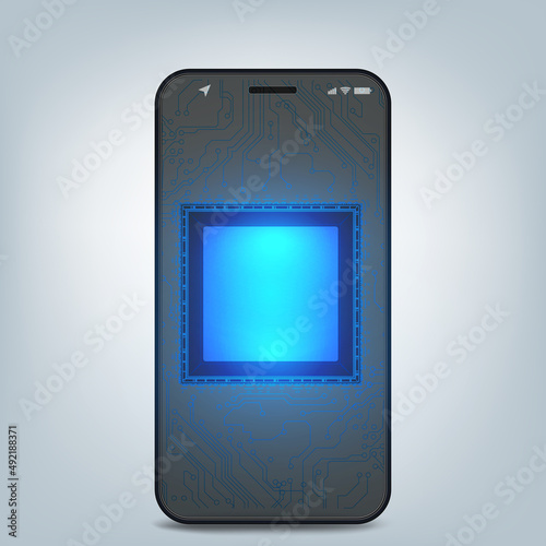 Futuristic microchip processor for mobile phone on blue background. Powerful processor for processing large amounts of information. Modern digital microchip. vector illustration.