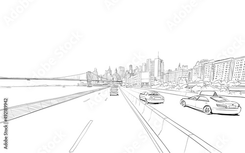 New York city sketch. View of the road with cars and bridge hand drawn industrial vector illustration.