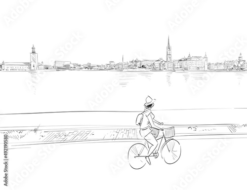 Woman rides a bicycle. Stockholm. Sweden. European Union. Urban sketch. Hand drawn vector illustration