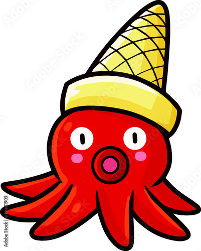 Funny red squid with ice cream cone on its head illustration