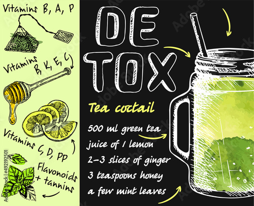Detox cocktail with green tea, lemon, ginger, honey, mint. Recipe. Vector sketch illustration for cards, magazine, cafe, restaurant menu. Fresh smoothies, detox, fruit cocktail for healthy life, diet