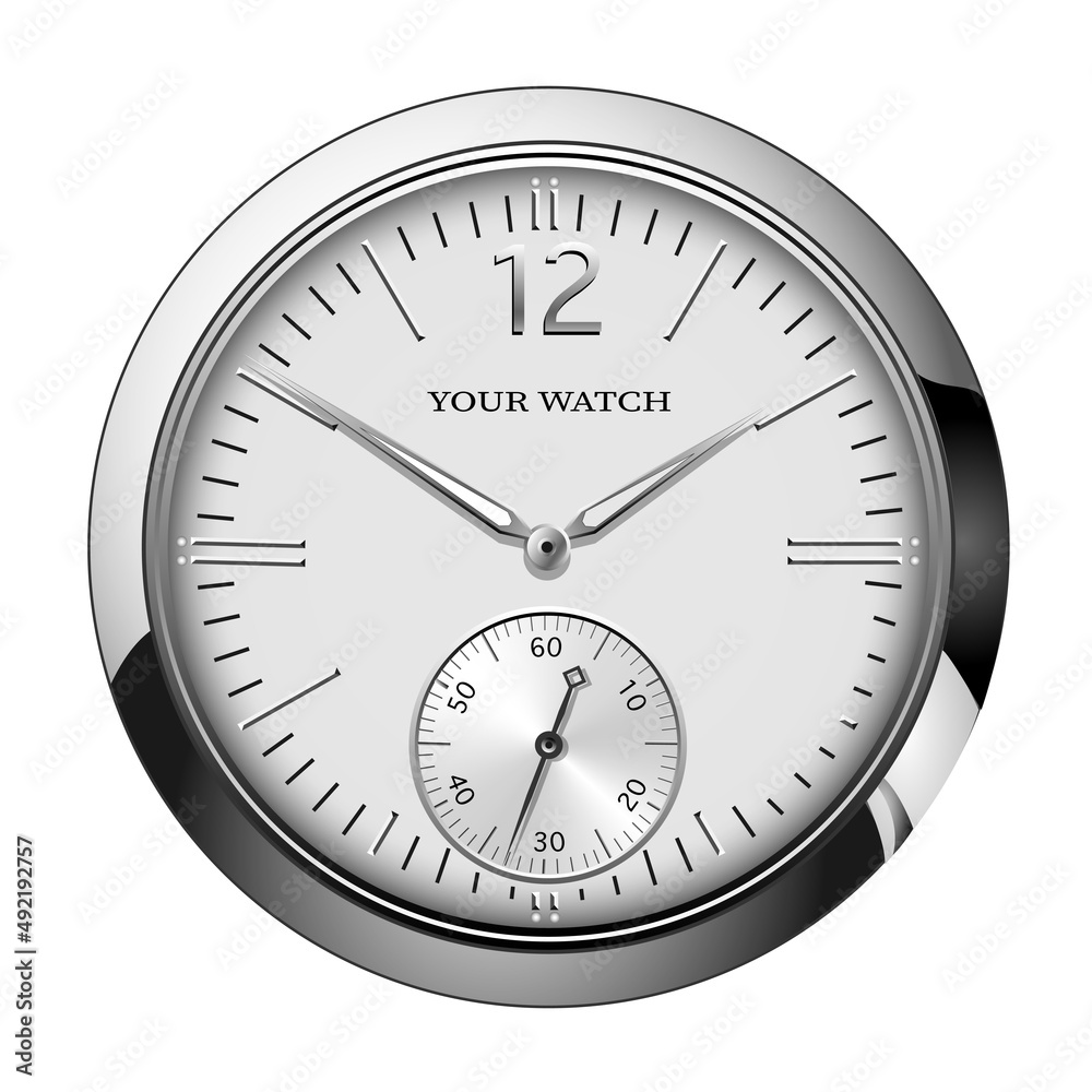 Realistic silver grey clock watch face chronograph luxury isolated background vector Realistic silver grey clock watch face chronograph luxury isolated background vector