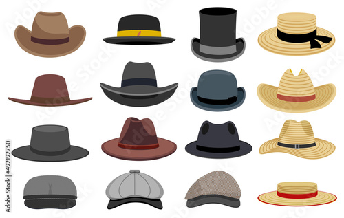 Different male hats. Fashion and vintage man hat collection image, derby and bowler, cowboy and peaked cap, straw hats and gentlemen cap set isolated. Flat design style. Vector cartoon illustration