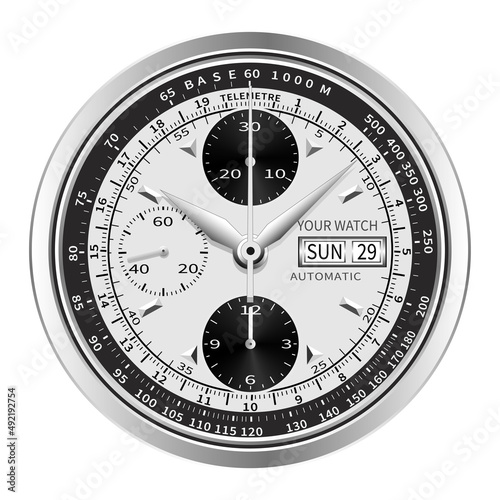 Realistic black silver white clock watch face chronograph luxury isolated background vector