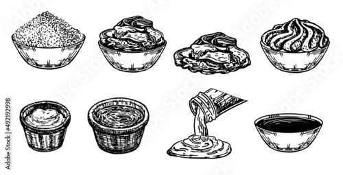 Sauce seasoning dip bowl hand drawn sketch. Bowls with mayonnaise, tomato ketchup, mustard, pesto, pickled ginger, wasabi, guacamole. Sketch spicy seasoning sauce vector set. Illustration dip sauce
