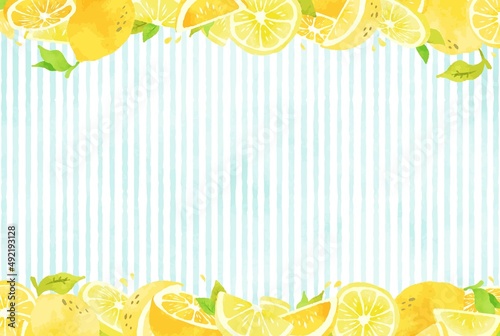 爽やかな水色のストライプとレモンの背景イラスト