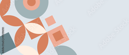 Mosaic with geometric shapes in the style of a Scandinavian pattern, pastel background for a postcard with space for text. Minimalist trendy cover template with circles and squares texture.
