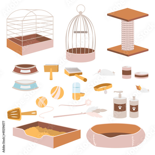 Pet shop accessories dog and cat food, toys and cat litter, bird, hamster cage. Veterinary store showcase with animal comb and products, equipment. Vector illustrations.