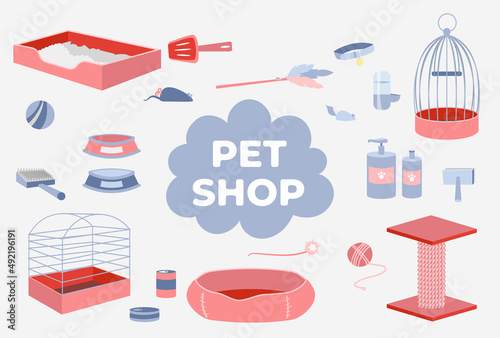 Pet shop dog and cat food, toys and cat litter, bird cage. Veterinary store showcase with animal comb and products, accessories. Pink and blue vector illustrations.