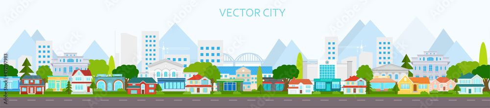 Vector poster with city buildings view with road. City street view. Urban landscape with mountains.