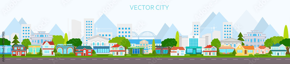 Vector poster with city buildings view with road. City street view. Urban landscape with mountains. Vector poster with city buildings view with road. City street view. Urban landscape with mountains.