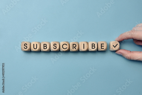 Εκτύπωση καμβά Wooden cubes with the inscription Subscribe to them