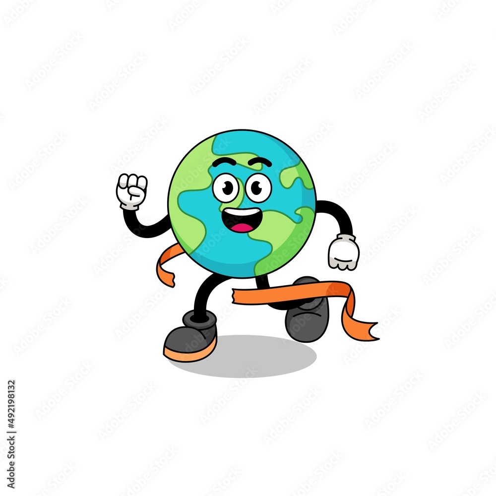 Obraz premium Mascot cartoon of earth running on finish line