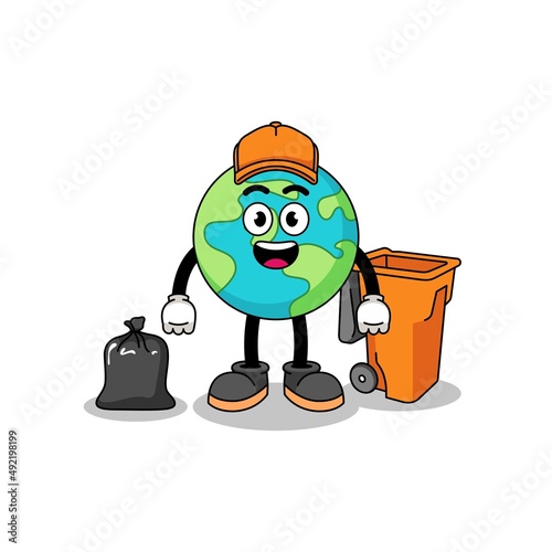 Illustration of earth cartoon as a garbage collector