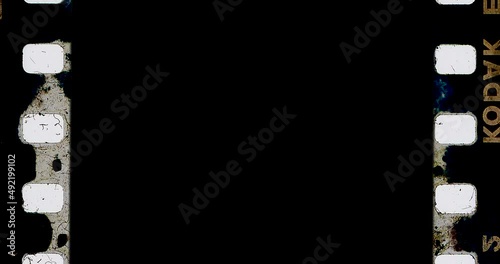 Super 8mm Retro Film Frame with damage and sprocket. Damaged old film effect. Dirt, hair, noise, scratches, sprocket, and grunge grain. VFX Element Overlay for Composing