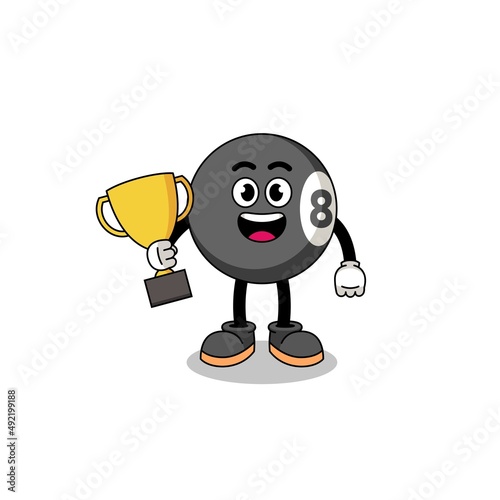 Cartoon mascot of billiard ball holding a trophy