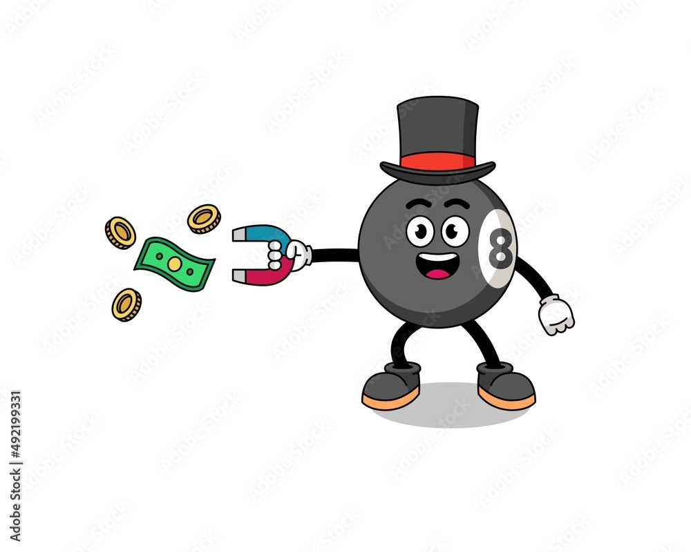 Character Illustration of billiard ball catching money with a magnet