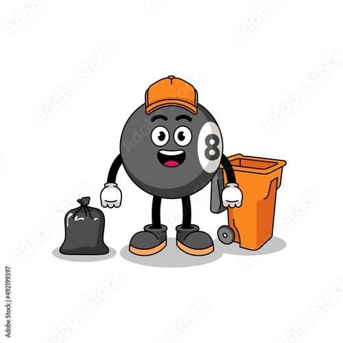 Illustration of billiard ball cartoon as a garbage collector