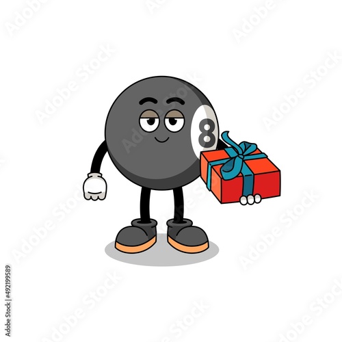 billiard ball mascot illustration giving a gift