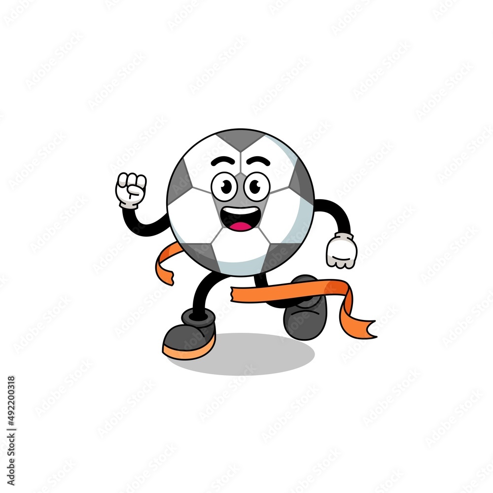 Mascot cartoon of soccer ball running on finish line
